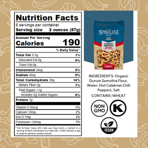 Nutrition Facts, ingredients, and allergen information for Calabrian Cascatelli by Sporkful. With Non-gmo. vegan, and kosher icons.