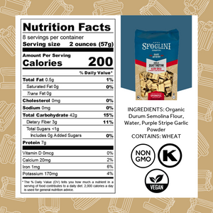 Nutrition Facts, ingredients, and allergen information for Garlic Quattrotini by Sporkful. With Non-gmo. vegan, and kosher icons.