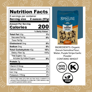 Nutrition Facts, ingredients, and allergen information for Garlic Radiators by Sporkful. With Non-gmo. vegan, and kosher icons.