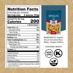 Nutrition Facts, ingredients, and allergen information for Saffron Vesuvio by Sporkful. With Non-gmo. vegan, and kosher icons.