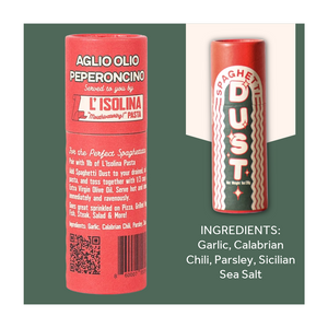 Spaghetti Dust packaging and ingredients on a green background