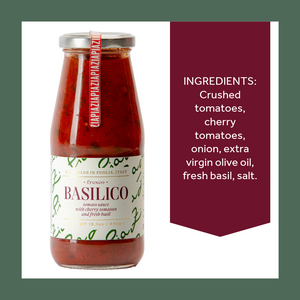 Bottle of Basilico tomato sauce with ingredients listed on a white background