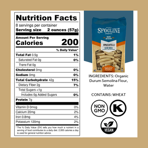 Nutrition Facts, ingredients, and allergen information for Spacatelli by Sporkful. With Non-gmo. vegan, and kosher icons.