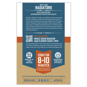 Sfoglini Whole Grain Blend Radiators Organic Pasta packaging back of box with pasta information, cooking times, recipe suggestion, and social media icons. On white background.