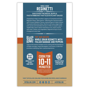 Sfoglini  Whole Grain Reginetti Organic Pasta packaging back of box with pasta information, cooking times, recipe suggestion, and social media icons. On white background.