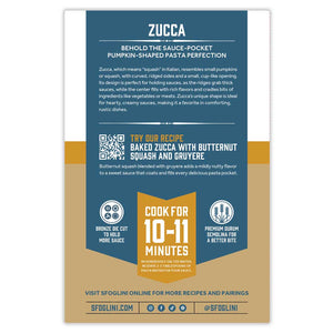 Sfoglini Semolina Zucca  Organic Pasta packaging back of box with pasta information, cooking times, recipe suggestion, and social media icons. On white background.