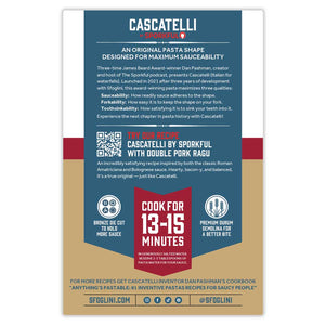 Cascatelli by Sporkful packaging back of box with pasta information, cooking times, recipe suggestion, and social media icons. On white background.