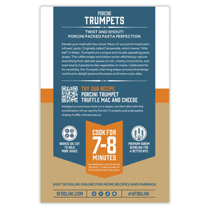 Sfoglini  Porcini Trumpets Pasta packaging back of box with pasta information, cooking times, recipe suggestion, and social media icons. On white background.