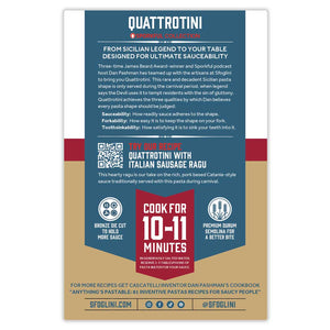 Quattrotini - The Sporkful Collection packaging back of box with pasta information, cooking times, recipe suggestion, and social media icons. On white background.