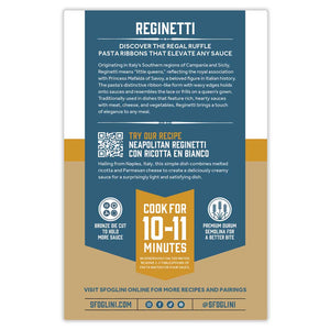 Sfoglini  Durum Semolina Reginetti Organic Pasta packaging back of box with pasta information, cooking times, recipe suggestion, and social media icons. On white background.