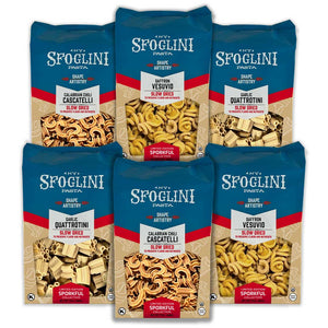 The Limited-Edition Sporkful Collection Set with Calabrian Chili Cascatelli, Garlic Quattrotini, and Saffron Vesuvio pasta bags.