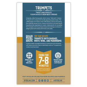 Sfoglini  Durum Semolina Trumpets Organic Pasta packaging back of box with pasta information, cooking times, recipe suggestion, and social media icons. On white background.