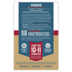 Vesuvio - The Sporkful Collection packaging back of box with pasta information, cooking times, recipe suggestion, and social media icons. On white background.
